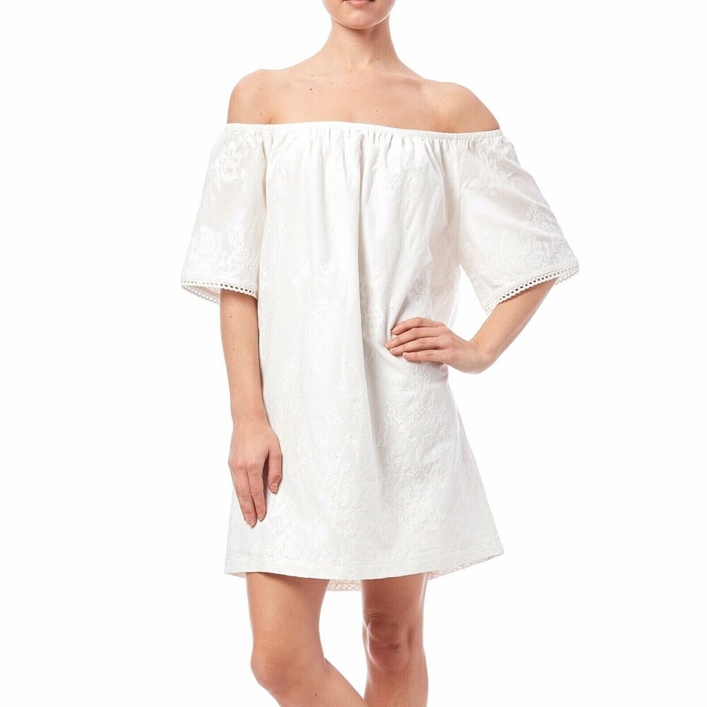 BB Dakota Anthropologie Women White Off Shoulder Dress Embroidered Size XS